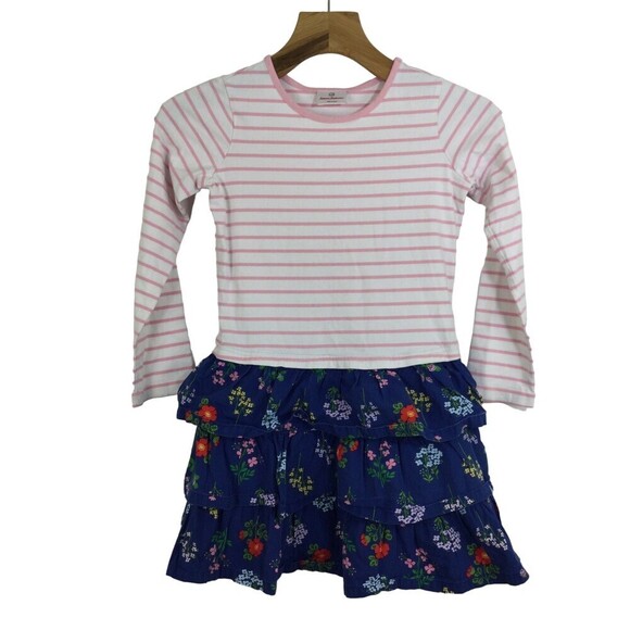 Hanna Andersson Girls Cotton Stripe Ruffle Floral Dress Pink Blue Size 140 US 10 - Picture 1 of 6
